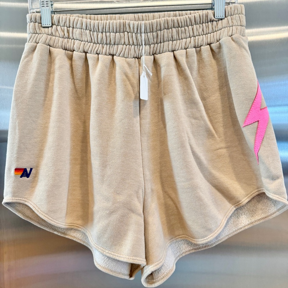 NWT Aviator Nation Bolt Stitch Lounger Short in Beige Tan Sand / Neon Pink - Picture 8 of 10